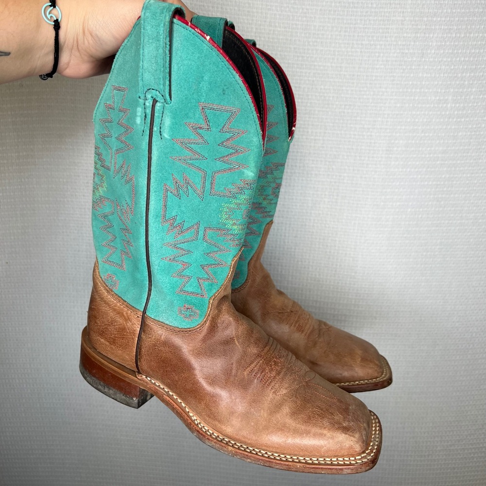 Justin Bent Rail BRL355 Womens Tan Turquoise Leather Square Toe Cowboy Boots 7 B